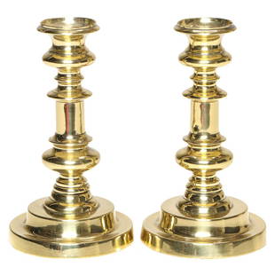 19th C. Brass Push Up Candlesticks: 19th C. Brass Push Up Candlesticks with Circular Bases, C. 1890-1900. 7" High