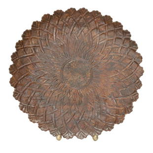 Hammered Copper and Faux Finish Charger: Hammered Copper and Faux Finish Charger with Scalloped Edge and Woven Design, on Stand. 28.5" Diameter