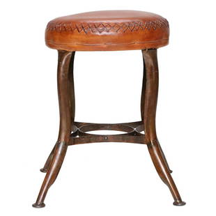 Metal Four Leg Stool with Stitched Leather: Metal Four Leg Stool with Stitched Leather Upholstered Circular Seat with Understretcher. 14‰Û Diameter, 19" High