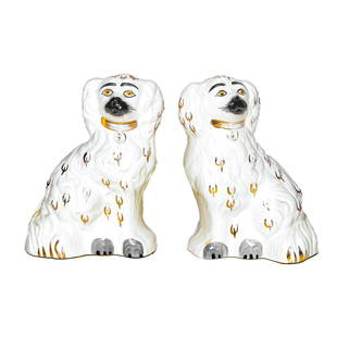 Staffordshire Porcelain Dogs, Beswick, England: Staffordshire Porcelain Dogs, Beswick, England, in the Seated Position With Multi Color Decorations. 7.5" High