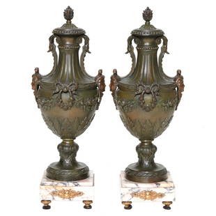 19th C. Spelter Urns with Dome Tops: 19th C. Spelter Urns with Dome Tops, Double Mask Handles, Swag and Wreath Design on the Bodies and Faced with Bronze Ormolu Mounts, on Marble Bases with Gilt Bronze Feet, C. 1890. 6.5" Wide, 6.5"