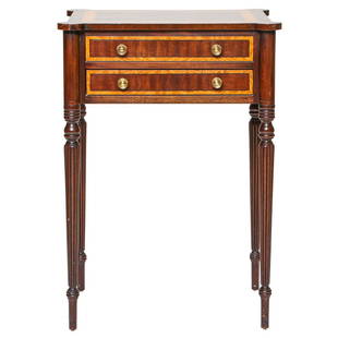 Mahogany Shaped Top Side Table: Mahogany Shaped Top Side Table with Satinwood Banded Inlaid Top and Two Satinwood Banded Drawers on Tapered Reeded Legs. 21‰Û Wide, 17" Deep, 30" High