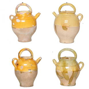 19th C. Group of French Pottery Tea Pots, Four Pieces: 19th C. Group of French Pottery Tea Pots with Yellow Glazed Finish, Four Pieces, C. 1880. Ranging 13" to 9.5" High