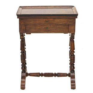 19th C. Country French Walnut Occasional Table: 19th C. Country French Walnut Occasional Table with Lift Tray Top, Having Fitted Interior and One Small Drawer Under the Top, on Turned Legs with Turned Understretcher, C. 1870. 20" Wide, 14" Deep,