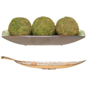 Gold Leaf Shaped Dish with Stem and Small Rocks: Gold Leaf Shaped Dish with Stem and Small Rocks on the Interior, 37" Long, 8" Deep, 5.5" High, Along with a Rustic Brown Porcelain Dish Containing Three Decorative Moss Spheres, 19‰Û Wide, 7‰Û