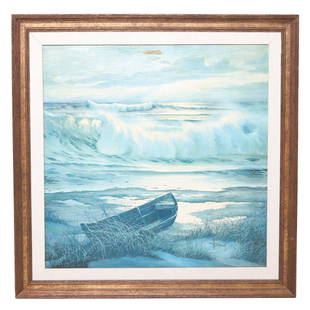 William Hoffman (1924-1995) Seascape: William Hoffman (1924-1995) Seascape, Oil Painting on Canvas, of Large Waves Crashing on the Beach and an Old Skiff Beside the Sea Grass. Canvas Size: 36" High, 36" Wide