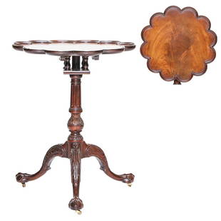 Baker Mahogany Bird Cage Tip Table: Baker Mahogany Bird Cage Tip Table with Pie Crust Top, Sitting Upon an Intricately Carved Pedestal with Tripod Base on Ball and Claw Feet with Casters. 23" Diameter, 28.5" High