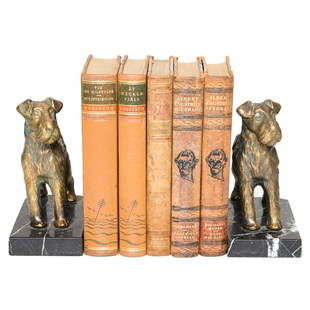 Spelter Terrier Bookends on Black Marble Bases: Spelter Terrier Bookends on Black Marble Bases with Five Leatherbound Books. Bookends: 6" Wide, 3" Deep, 6" High