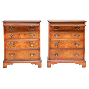 English Burl Walnut Bachelor's Chests: English Burl Walnut Bachelor's Chests Having Cross-Banded Tops with Brushing Slides, Over Four Full Graduated Drawers, on Bracket Feet. 24" Wide, 15" Deep, 29" High