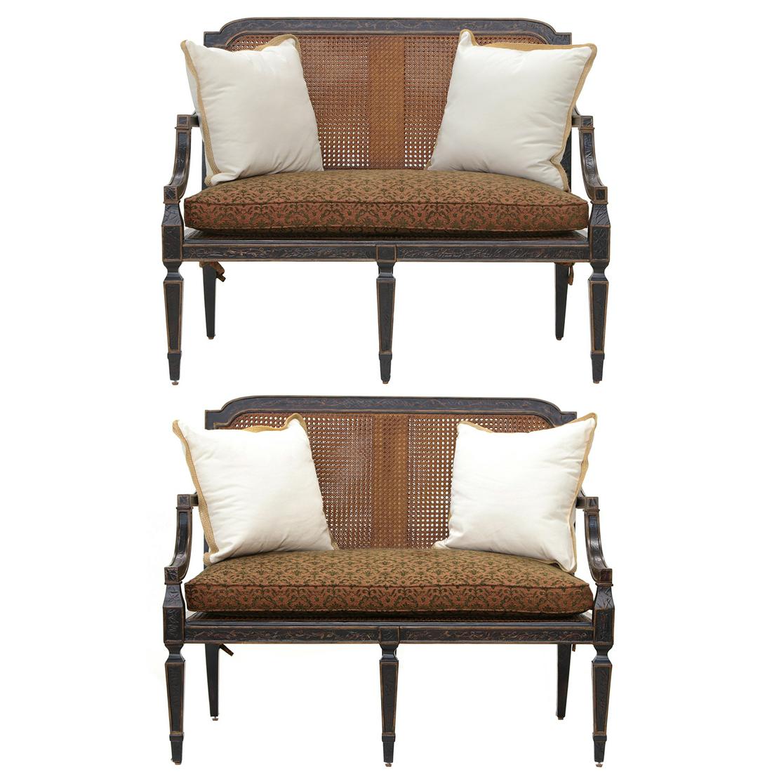 Baker Milling Road Settees, Pair: Baker Milling Road Settees, Pair, with Black and Gilt Lacquer Finish, Shaped Arms and Double Cane Back and Cane Seat with Upholstered Cushion, on Square Tapered Legs. 44" Wide, 25" Deep, 36" High