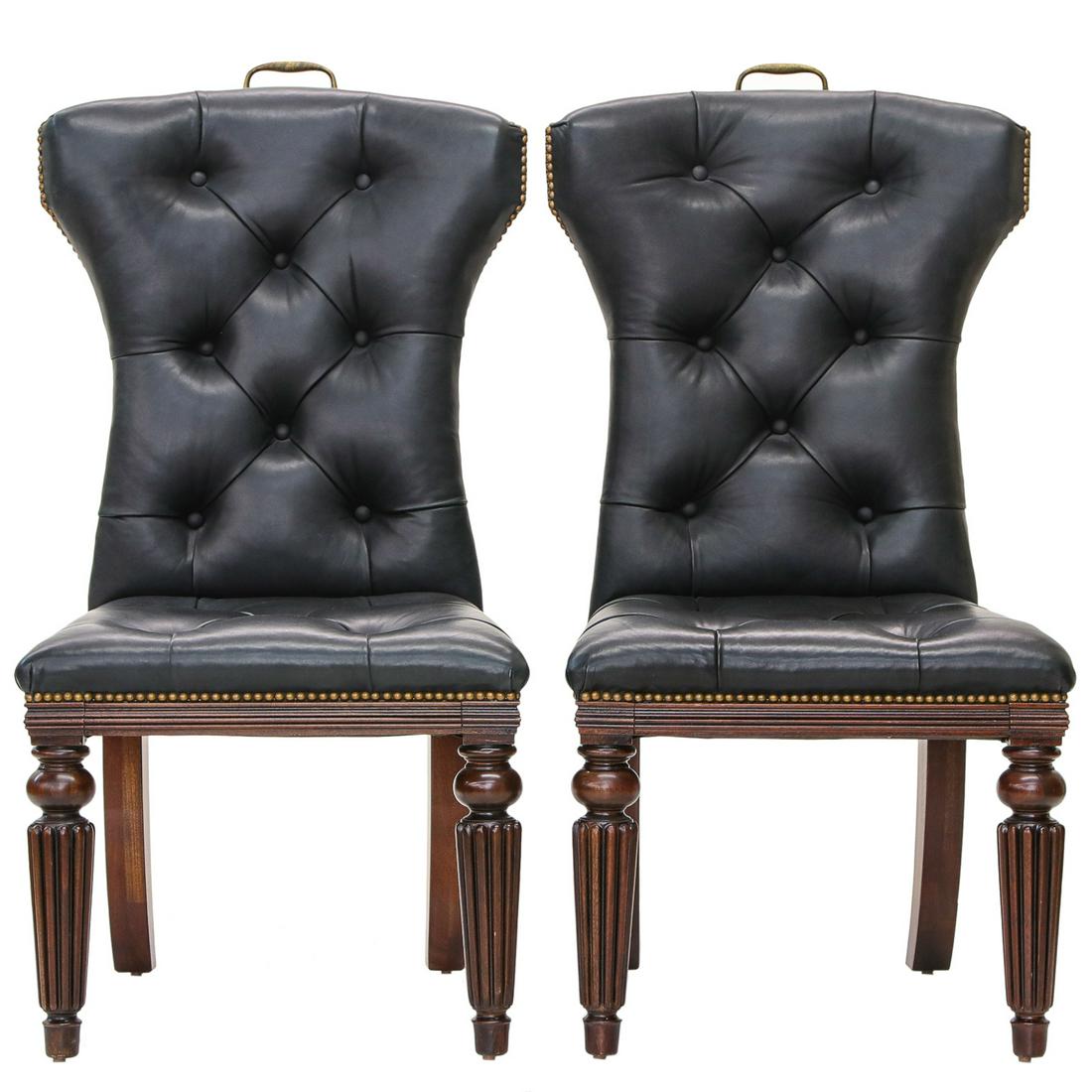 Ralph Lauren Leather Chairs: Ralph Lauren Leather Chairs Having Shaped Tall Backs, Tufted Upholstery with Nail Head Trim and Brass Handle on the Back, on Turned Reeded Legs Fluted Legs on Front and Splay Legs on Back. 23" Wide, 2