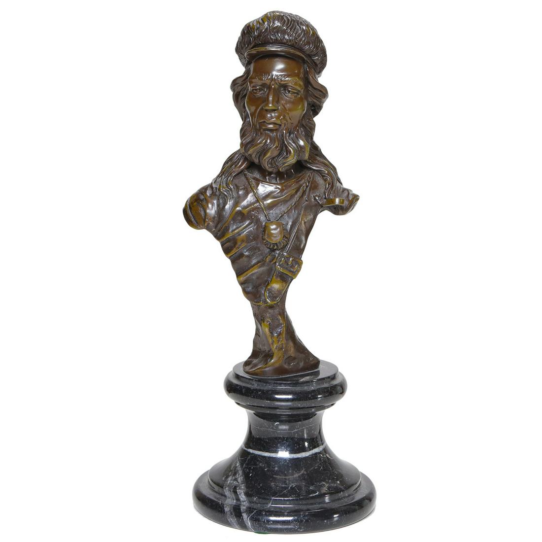 J. Davidson, Bronze Bust of a Man: J. Davidson, Bronze Bust of a Man with Beard and Hat on Circular Black Marble Base, 18.5" High