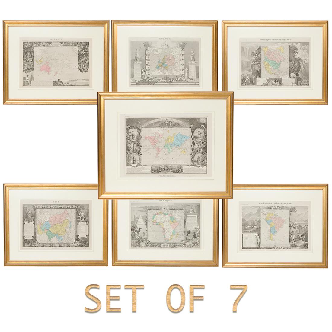 19th C. Victor Levassuer of France (1795-1862) Hand Colored Engraved Maps: 19th C. Victor Levassuer of France (1795-1862) Hand Colored Engraved Maps of the World, Group of Seven, in Gilt Frames (Planisphere, Amerique Meridionale, Afrique, Asie, Amerique Septentrionale, Europ