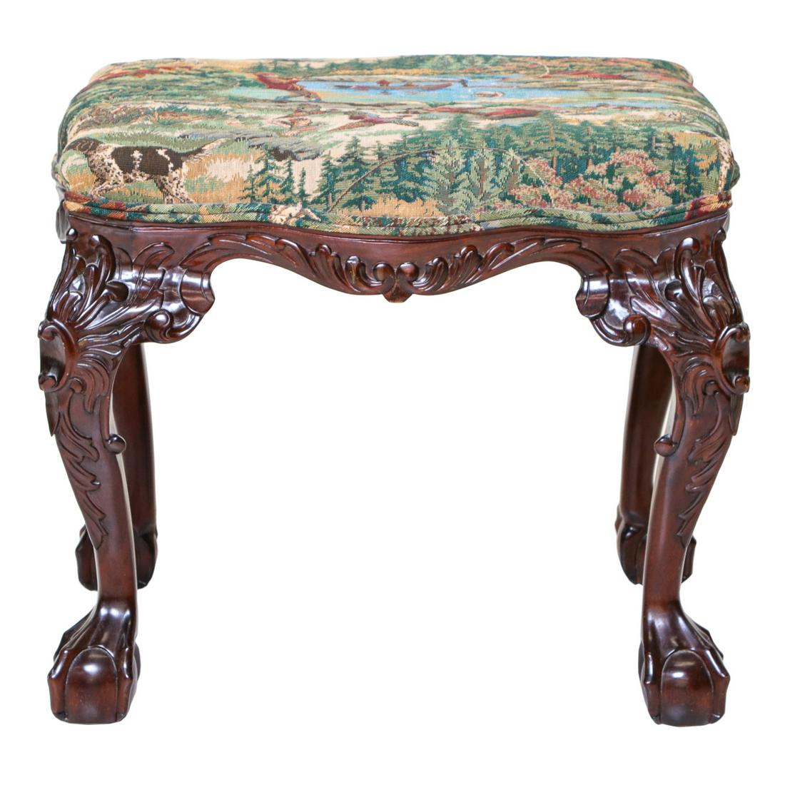 Well Carved Mahogany Stool with Tapestry Upholstery (1 of 3)