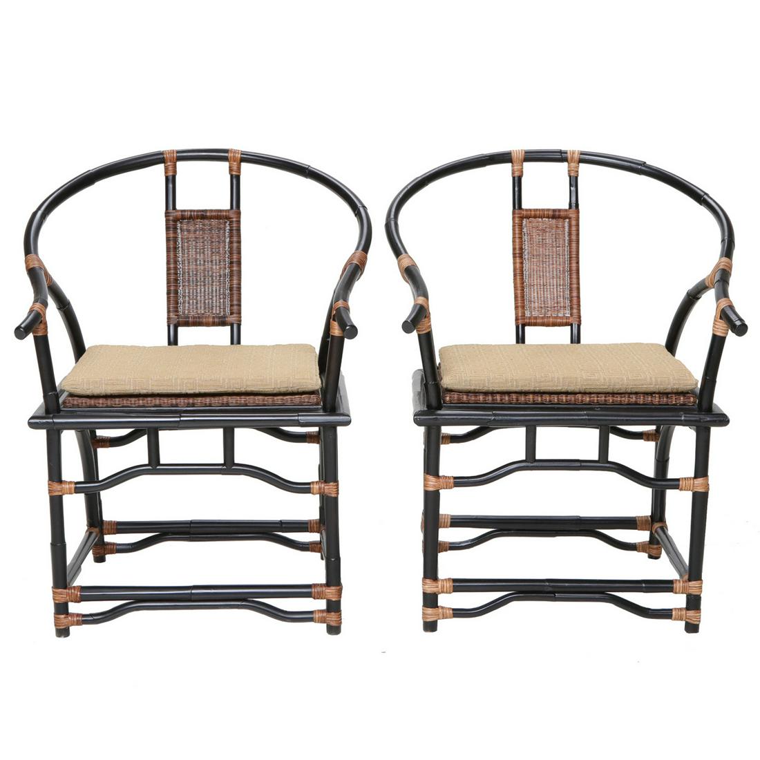Asian Inspired Black Lacquered Armchairs: Asian Inspired Black Lacquered Armchairs, Bamboo Style with Carved Backs and Rush Splats, Rush Seats with Loose Cushions and Understretchers with Rug Bindings. 27" Wide, 22" Deep, 35" High