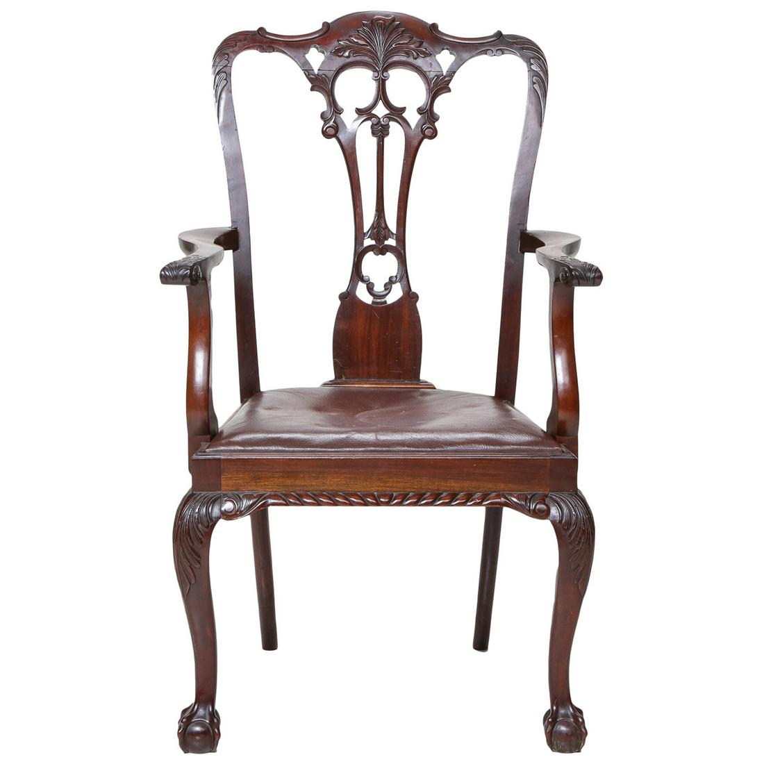 19th C. English Mahogany Armchair with Pierced Carved Back: 19th C. English Mahogany Armchair with Pierced Carved Back, Leaf Carved Back Crest, Shaped Arms and Gadroon Carved Apron on Cabriole Legs with Acanthus Carved Knees and Ball and Claw Feet, C. 1880. 26