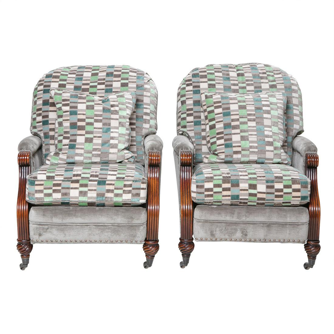 Mahogany Upholstered Recliners with Arched Backs: Mahogany Upholstered Recliners with Arched Backs, Reeded Shaped Arm Supports and Bulbous Twist Feet on Brass Casters. 29" Wide, 34" Deep, 40" High