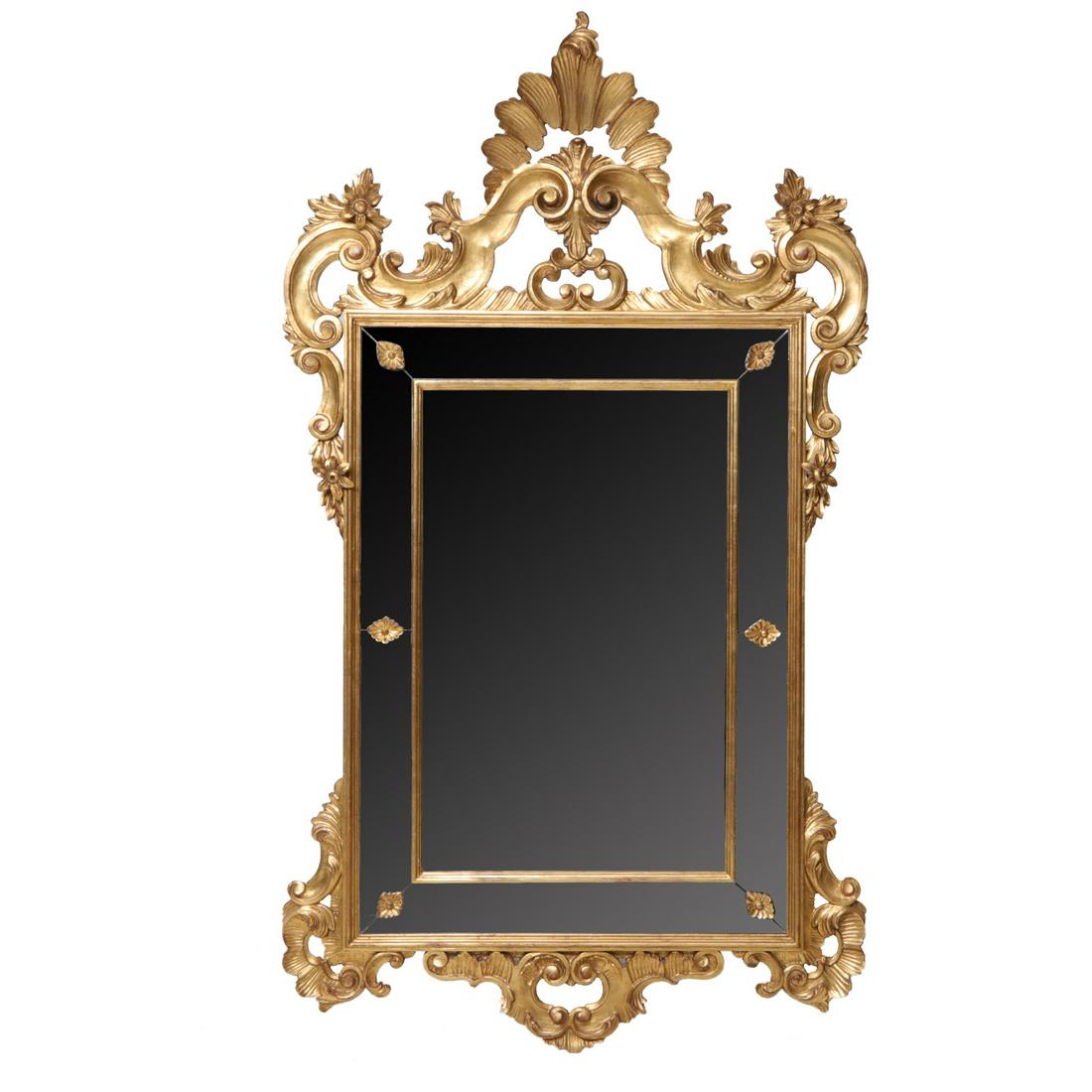 Italian Gold Gilt Mirror with Carvings: Italian Gold Gilt Mirror with Pierced Carved Leaf and Scroll Cartouche and Scroll and Leaf Scroll Carved Base. 64" High, 36" Wide