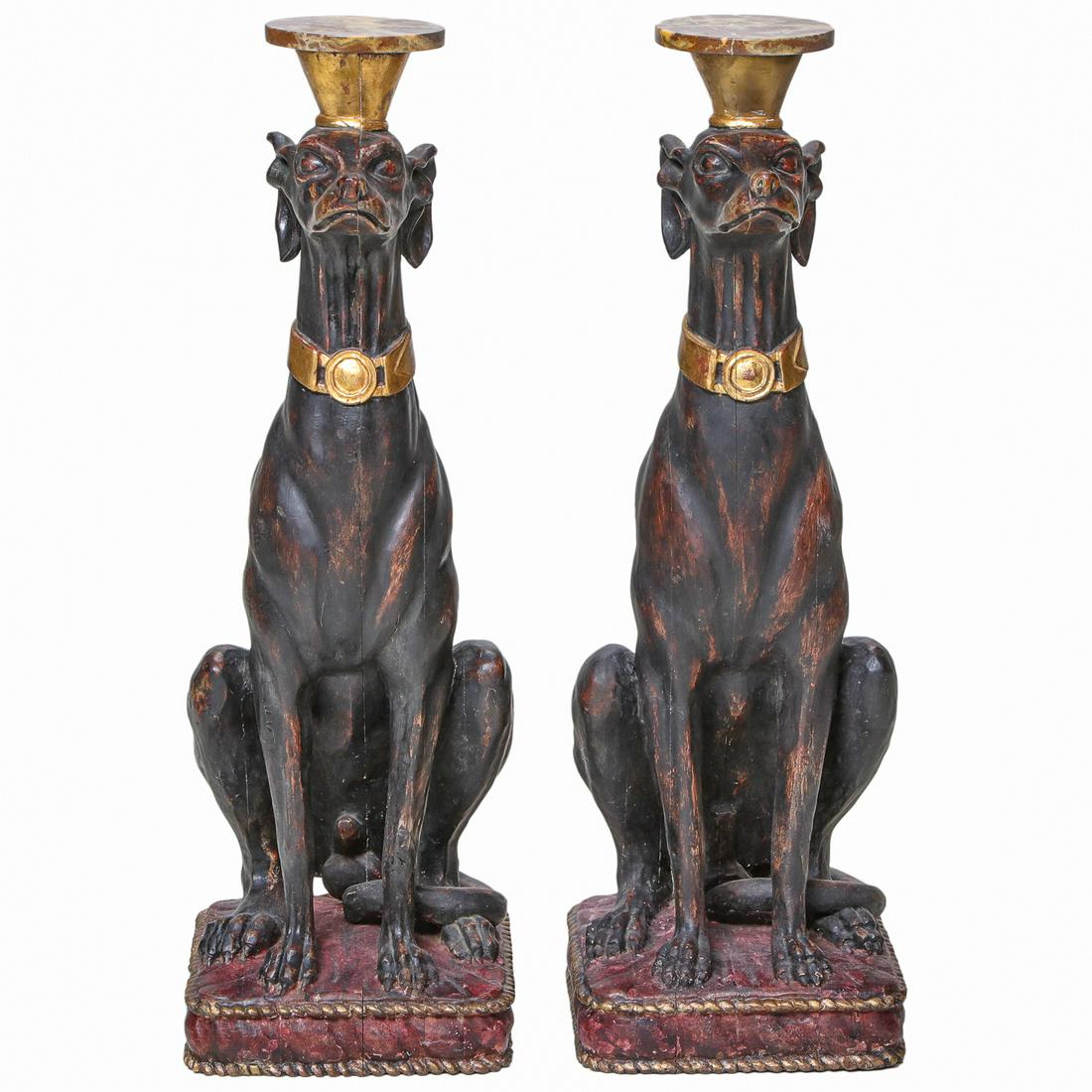 19th C. Italian Whippets, Carved Wood: 19th C. Italian Whippets, Carved Wood with Small Marble Tops, Whippets are Seated on a Carved Wood Pillow with Gilt Beading, C. 1880. 12" Wide, 18" Deep, 36.5" High