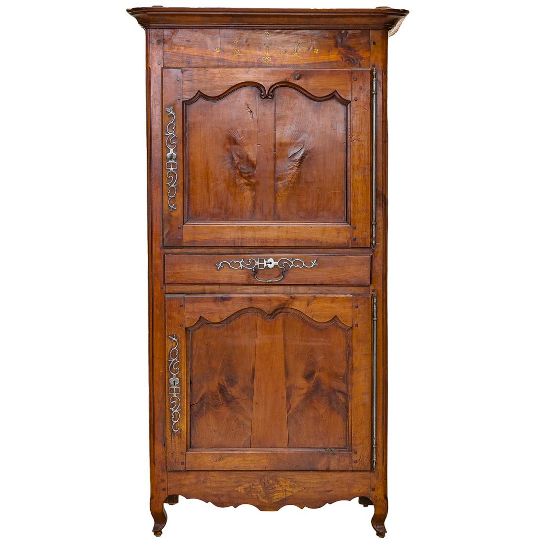 19th C. French Cherry Wood Bonnetiere: 19th C. French Cherry Wood Bonnetiere Having Satinwood Floral Inlay Frieze, Two Panel Doors and a Single Drawer with Shaped Apron and Diamond Inlay at the Base, on Cabriole Legs, C. 1850. 42" Wide, 24