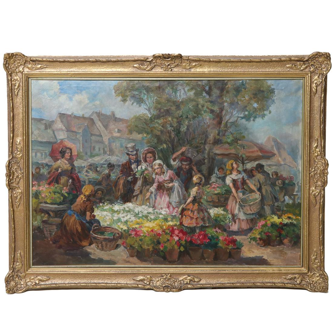 19th C. Market Scene Painting, Oil on Canvas: 19th C. Market Scene Painting, Oil on Canvas, with a Group of People at a Flower Market in Ornate Gold Leaf Frame. Canvas Size: 28" High, 39" Wide