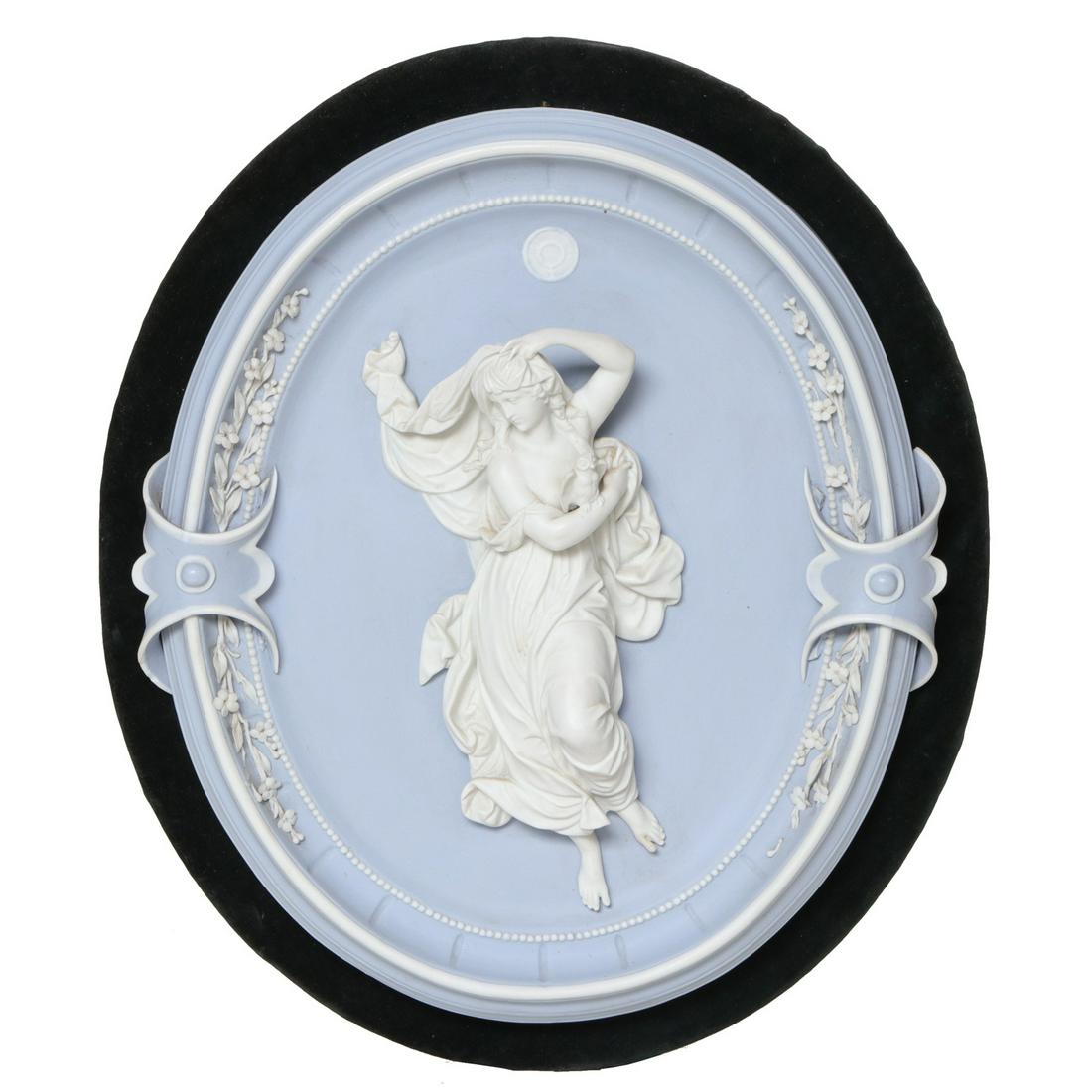 Vintage Wedgwood Style Oval Plaque Depicting Athena: Vintage Wedgwood Style Oval Plaque Depicting Athena in Flowing Gown with an Owl on Her Arm, Mounted on an Oval Board Covered in Black Velvet. 19" High, 16" Wide