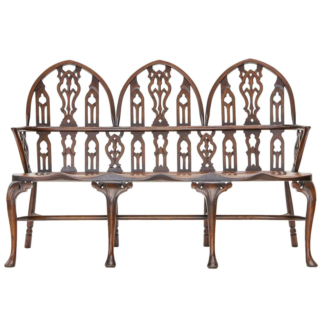 English Oak Settee with Triple Pierced Cathedral Back (1 of 6)