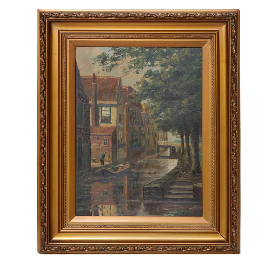 Dutch Antique Canal Scene Painting, Oil on Board (1 of 6)
