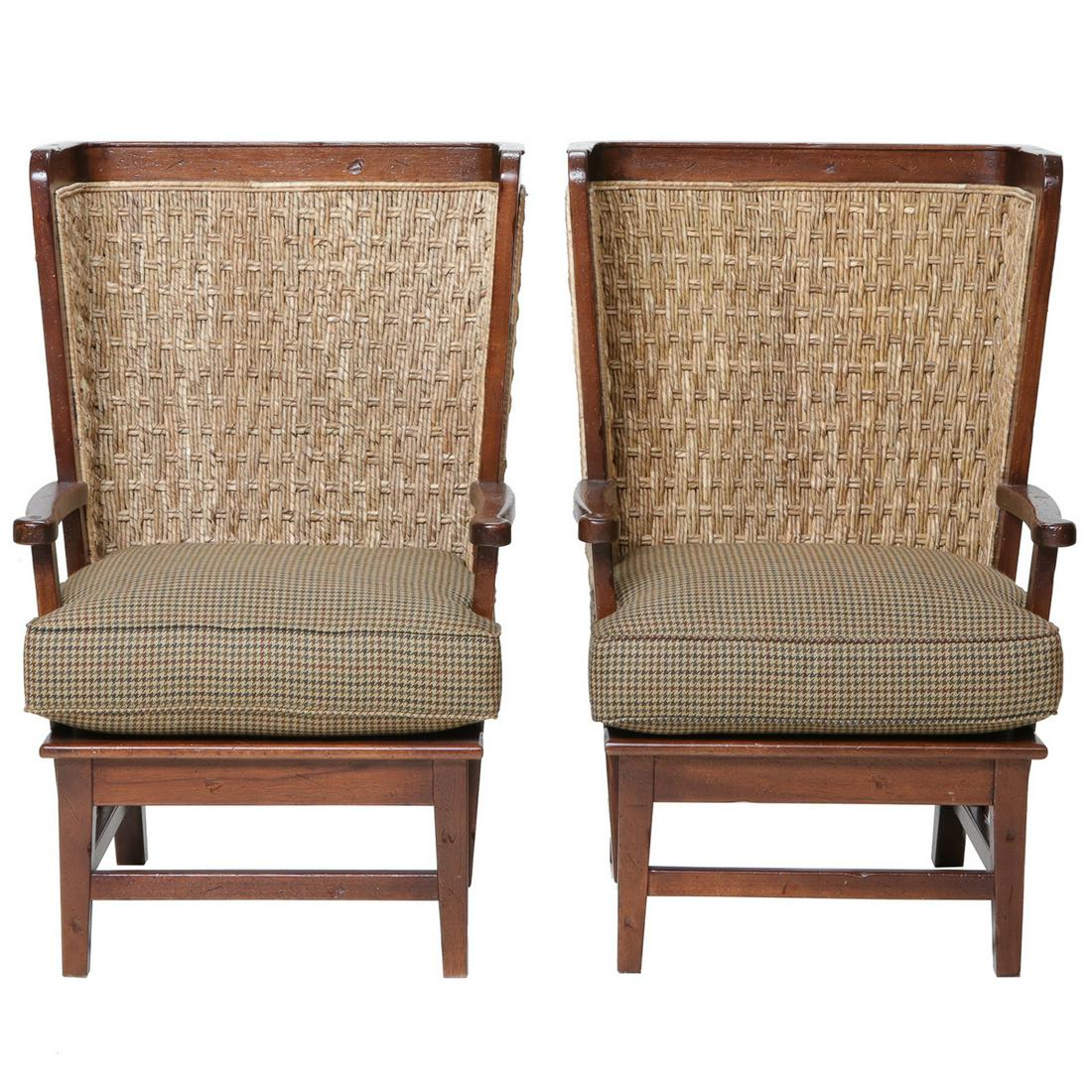 Ralph Lauren Orkney Style High Back Armchairs: Ralph Lauren Orkney Style High Back Armchairs with Woven Rush Wing Backs and Tweed Upholstered Cushions, on Tapered Legs. 28" Wide, 25" Deep, 44.5" High