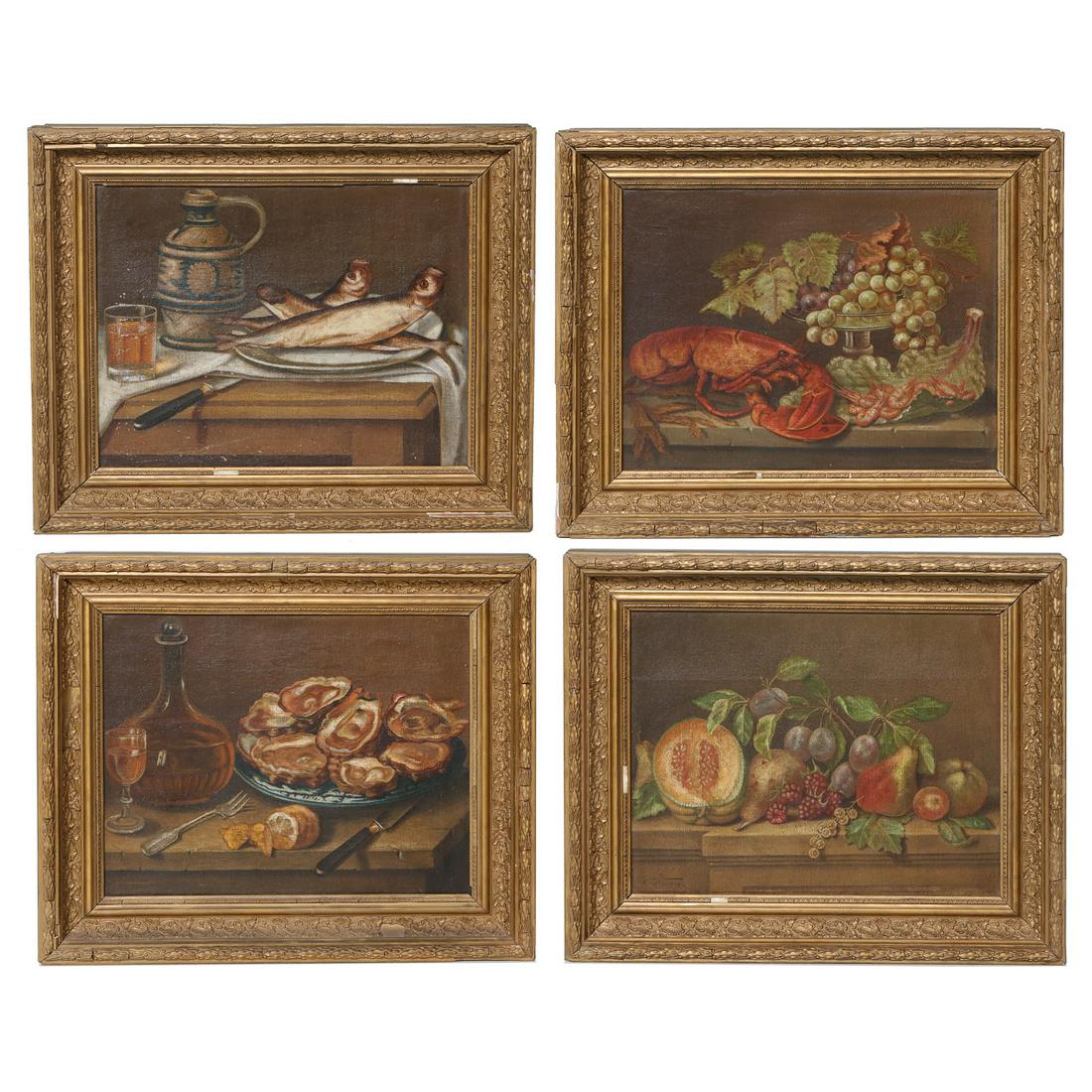 Antique Still Life Paintings, Oil on Canvas: Antique Still Life Paintings, Oil on Canvas, Set of Four, Depicting Food on a Table, Lobster with Fruit, Fish with Whiskey, Oysters with Wine and a Grouping of Fruit, C. 1920. Canvas Size: 12" High, 1