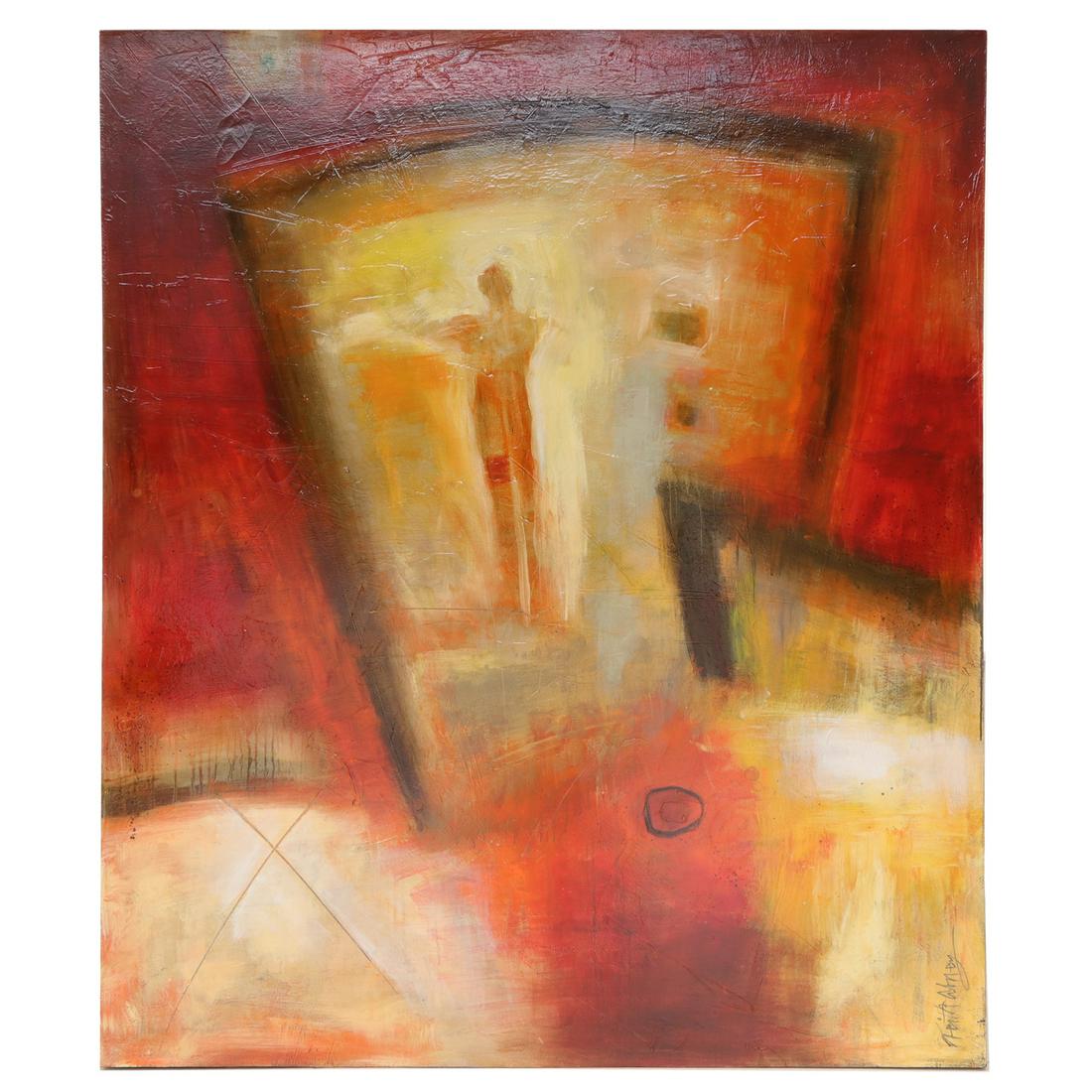 Keith Abney Abstract Painting, Oil on Canvas: Keith Abney Abstract Painting, Oil on Canvas, Multi Color with a Person Standing in a Doorway. Only Canvas, No Frame. See Pictures for Biography of Painter. 72" High, 59.5" Wide