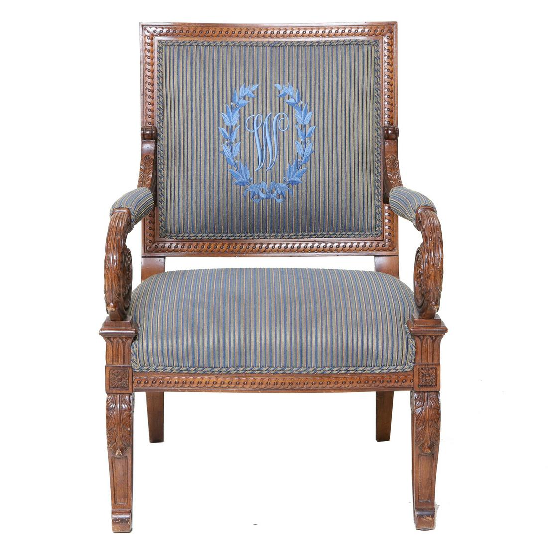 Walnut Upholstered Armchair: Walnut Upholstered Armchair with Carved Back and Side Rails, Carved Scroll Curved Arms and Shaped Legs with Acanthus Carvings. 26" Wide, 26" Deep, 38.5" High
