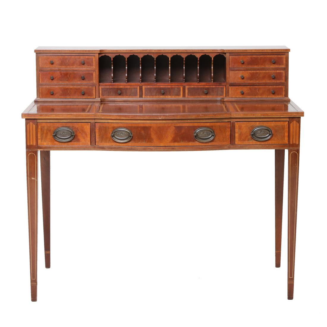 English Style Mahogany Writing Desk: English Style Mahogany Writing Desk with Step Up Back Having Drawers and Letter Slots, Triple Panel Tooled Leather Top and Three Drawers Below the Top on Inlaid Tapered Legs. 42" Wide, 22" Deep, 37.5"