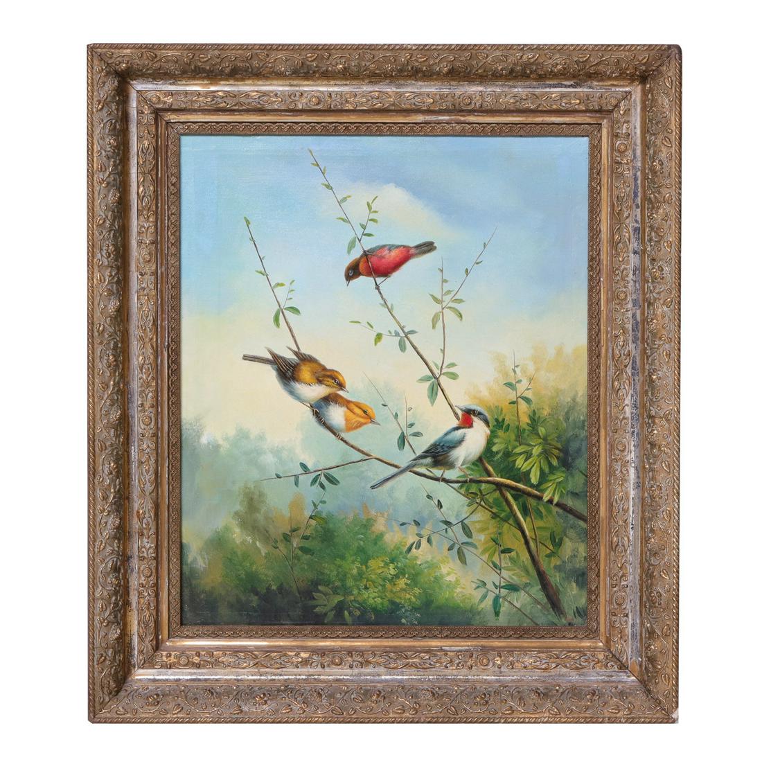 Bird Painting, Oil on Canvas, of Four Multi Color Birds (1 of 3)