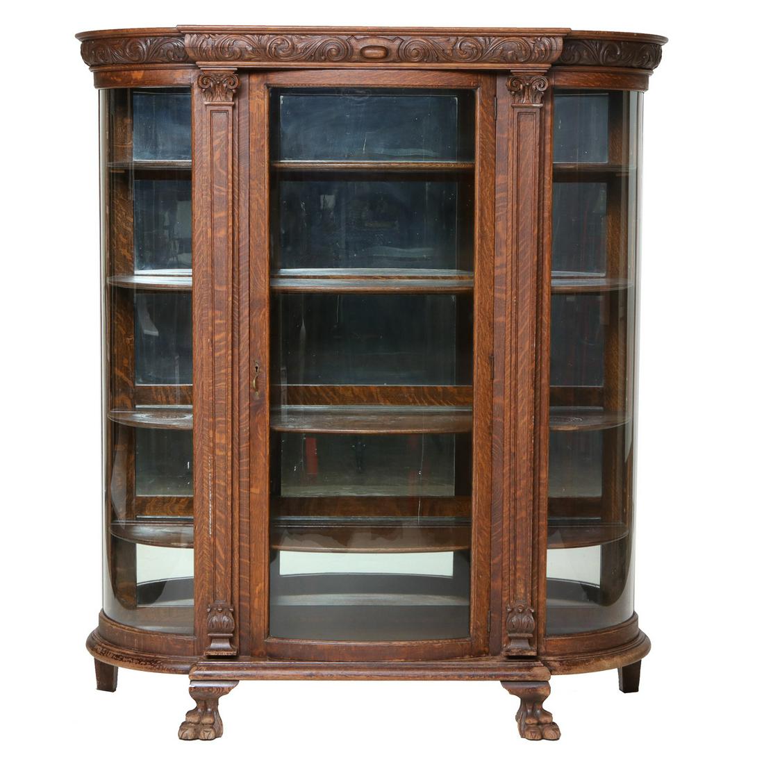 Antique American Tiger Oak Curved Display Cabinet (1 of 6)