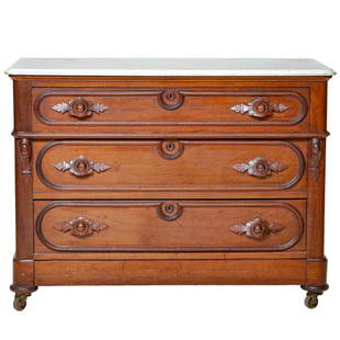 Antique American Walnut Marble Top Chest: Antique American Walnut Marble Top Chest with Three Drawers and a Hidden Drawer at the Bottom with Wooden Leaf Shaped Pulls, on Casters, C. 1900. 46" Wide, 22" Deep, 34.5" High