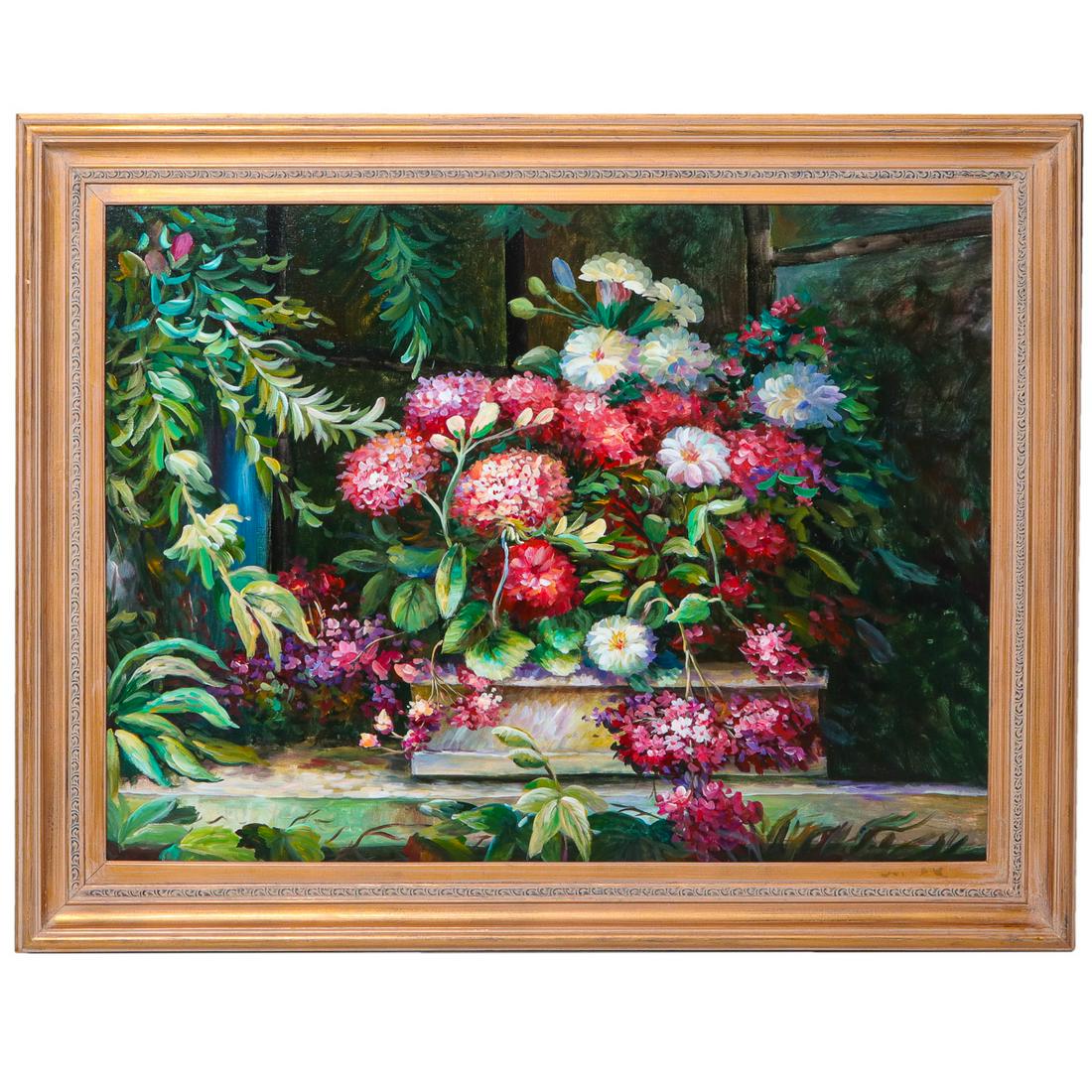 Still Life Painting, Oil on Canvas: Still Life Painting, Oil on Canvas, of a Planter Full of Multi Color Flowers Sitting on a Table. Canvas Size: 30" High, 40" Wide