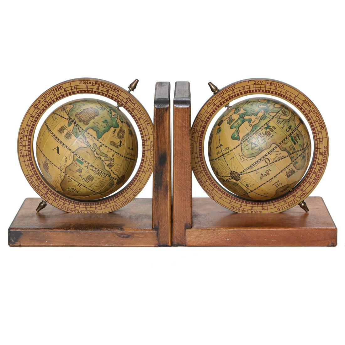 Vintage Pair of Poplar Bookends, Each with a Rotating Old World Globe (1 of 3)