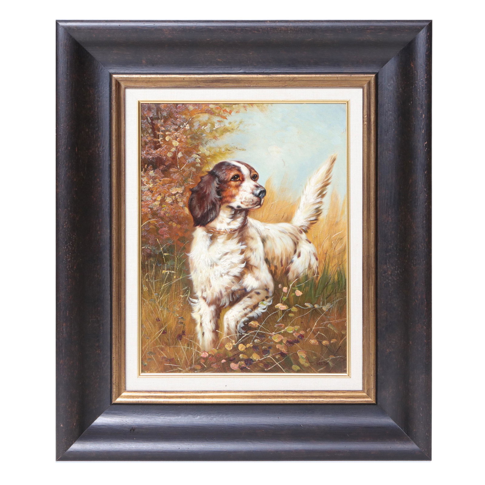 Brittany Spaniel Painting, Oil on Canvas: Brittany Spaniel Painting, Oil on Canvas, Dog is on Point in a Grassy Field, Signed T. Beith. Canvas Size: 16" High, 12" Wide
