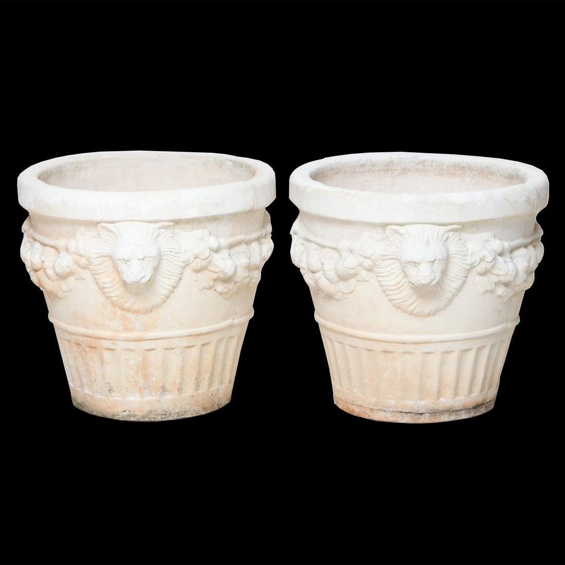 Cast Stone Planters, Pair, Having Lion Mask: Cast Stone Planters, Pair, Having Lion Mask and Floral Swag Decorations with Fluted Lower Sides. 22" Diameter, 21" High