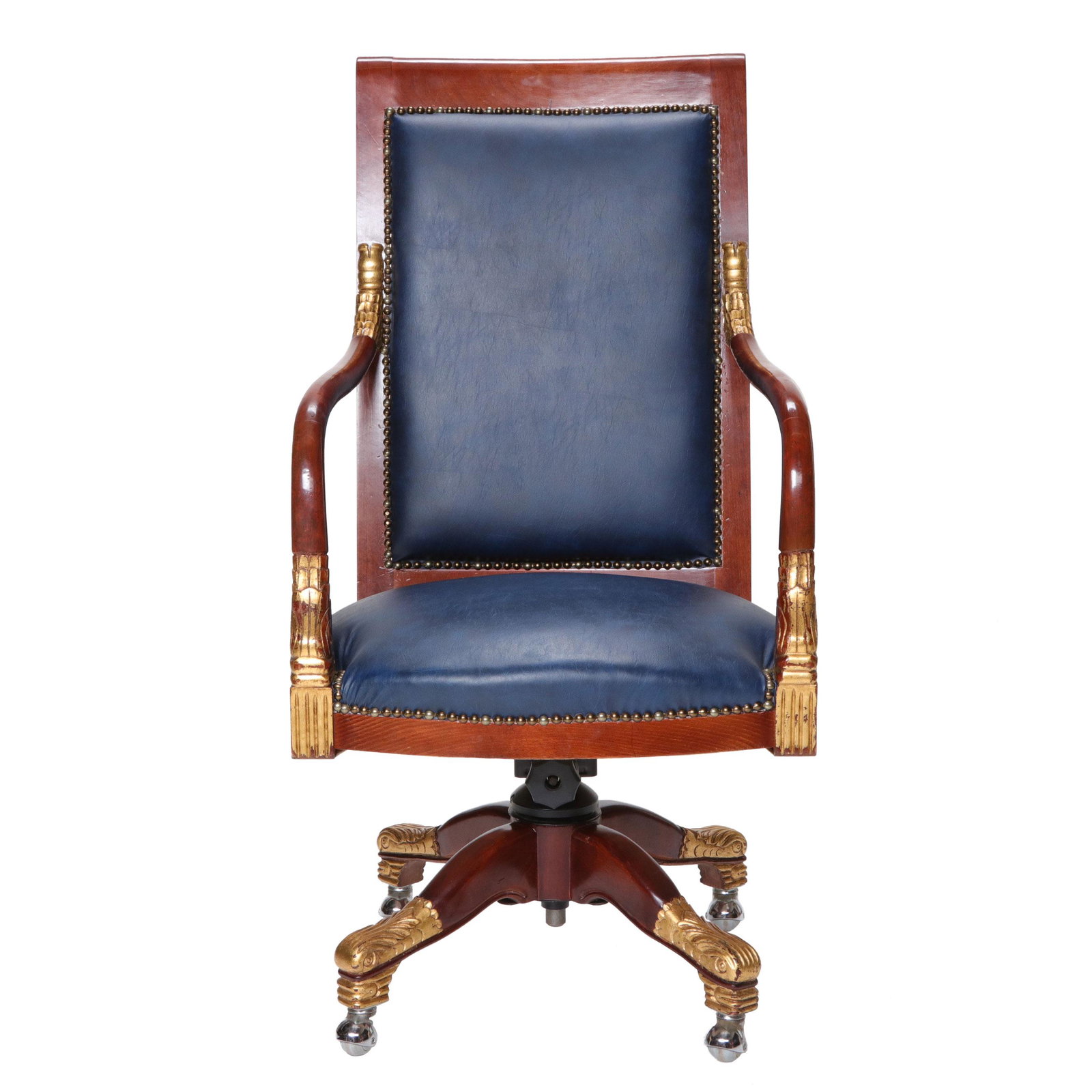Empire Style Mahogany Desk Chair with Blue Leather Upholstery: Empire Style Mahogany Desk Chair with Blue Leather Upholstered Seat and Back with Nail Head Trim and Shaped Arms with Gilt Dolphin Heads, Resting on Four Legs with Gilt Dolphin Head Feet on Casters. 2