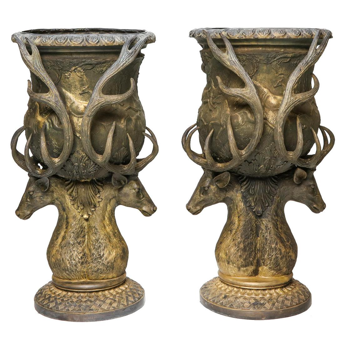Large Bronze Stag Head Planter Urns, Pair (1 of 6)
