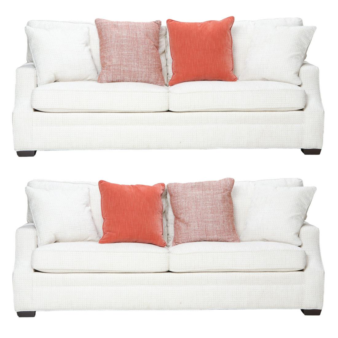 Sherrill Upholstered Sofas with Four Loose Cushions: Sherrill Upholstered Sofas with Four Loose Cushions in the Back and Two Loose Cushions Seat Along with Two Accent Pillows, on Mahogany Square Feet. 87" Wide, 35" Deep, 38" High