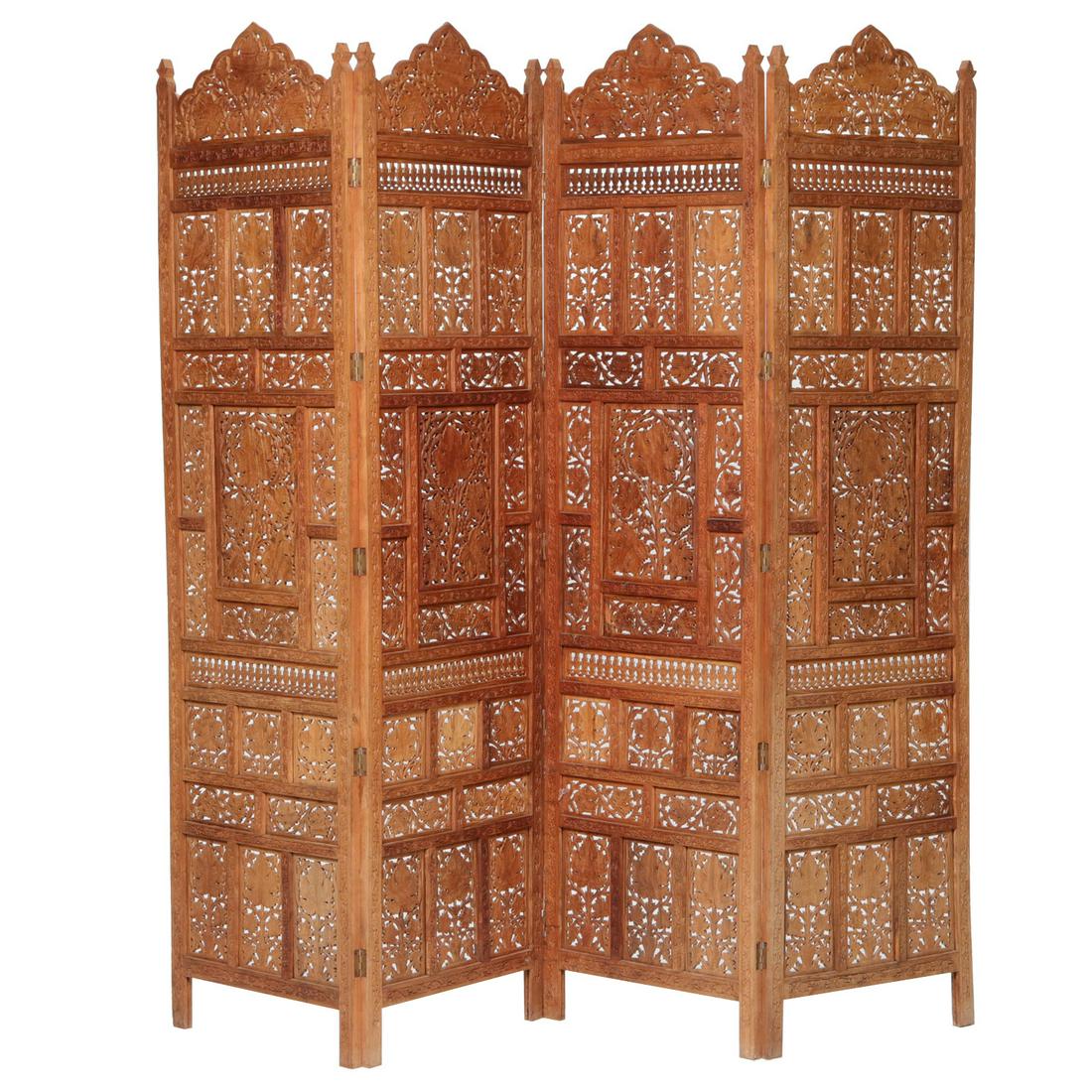 Heavily Carved Four Panel Teakwood Screen: Heavily Carved Four Panel Teakwood Screen Having Leaf and Vine Pierced Carved Panels. 80" Long, 74" High