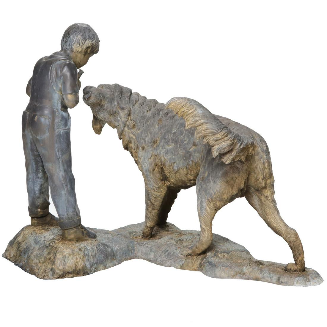 Large Bronze Fountain of a Young Boy in Overalls and Dog (1 of 4)