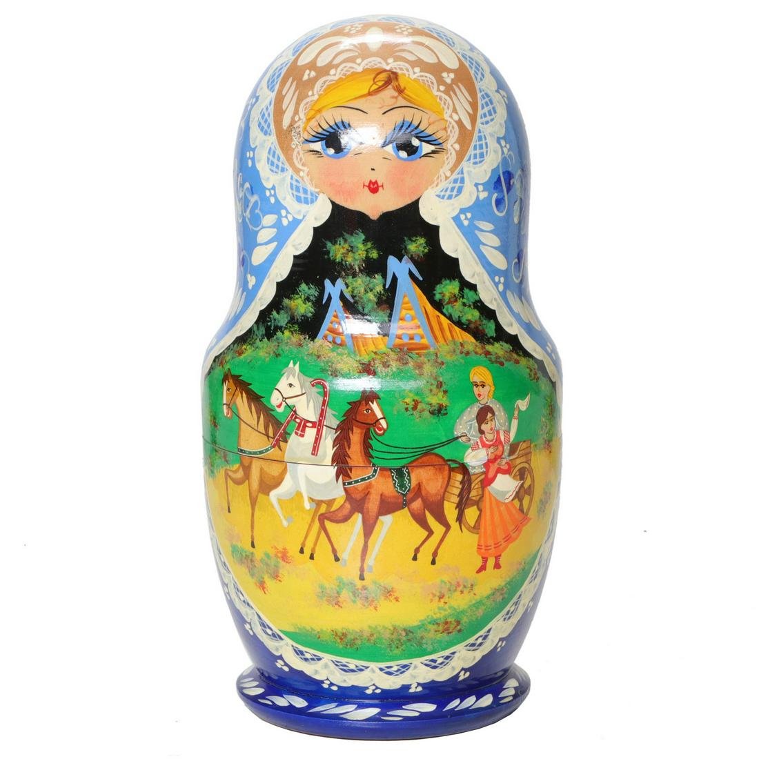 Russian Wooden Nesting Dolls, Set of 10: Russian Wooden Nesting Dolls, Set of 10, with Multi Color Decoration and a Painted Face at the Top with Figural and Scenic Painting on the Body. Signed on the Bottom. 10" High