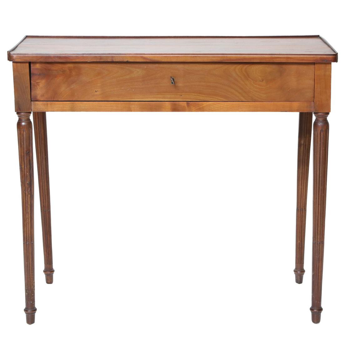 Sycamore Wood Writing Table with Slight Gallery Top: Sycamore Wood Writing Table with Slight Gallery Top with One Long Drawer in the Apron and Resting on Fluted Tapered Legs. 32" Wide, 17" Deep, 28" High