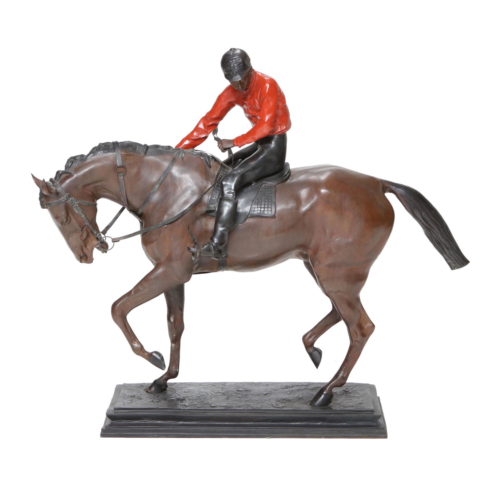 Large Bronze Sculpture Depicting a Jockey Atop a Horse: Large Bronze Sculpture Depicting a Jockey Atop a Horse, Loosely Holding the Reigns on a Rectangular Plinth. 43" Wide, 12" Deep, 37" High