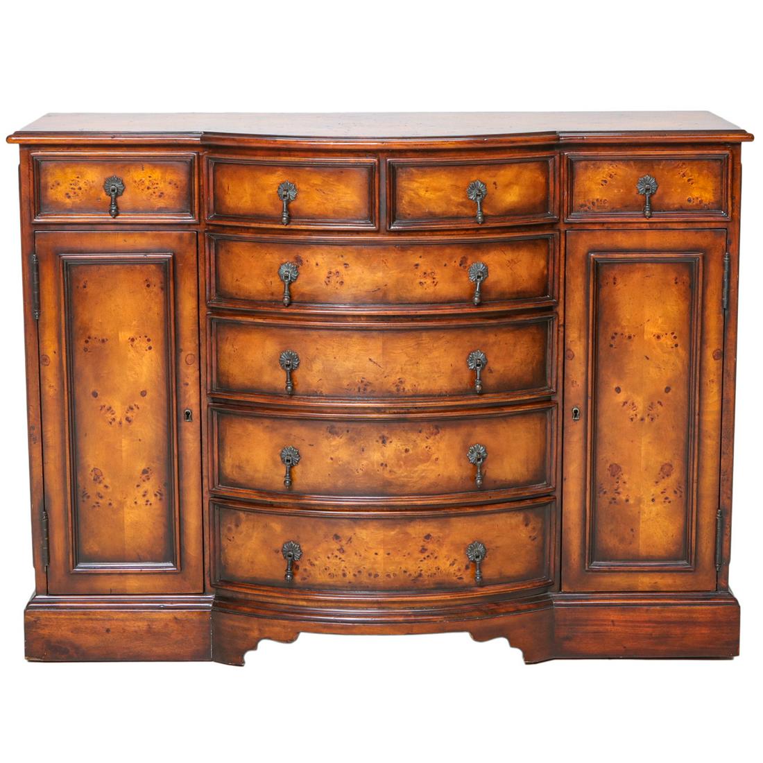 Myrtle Burl Credenda with Bow Front Having Four Small Drawers: Myrtle Burl Credenda with Bow Front Having Four Small Drawers Below the Top, Four Full Drawers in the Middle and Cupboard Door on Each End. 46" Wide, 18" Deep, 34" High