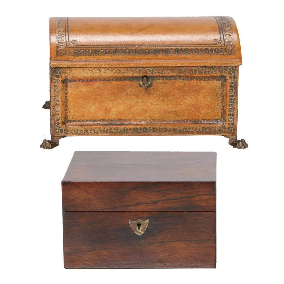 Vintage Rosewood Box and Leather Dome Top Jewelry Box, Two Pieces (1 of 6)